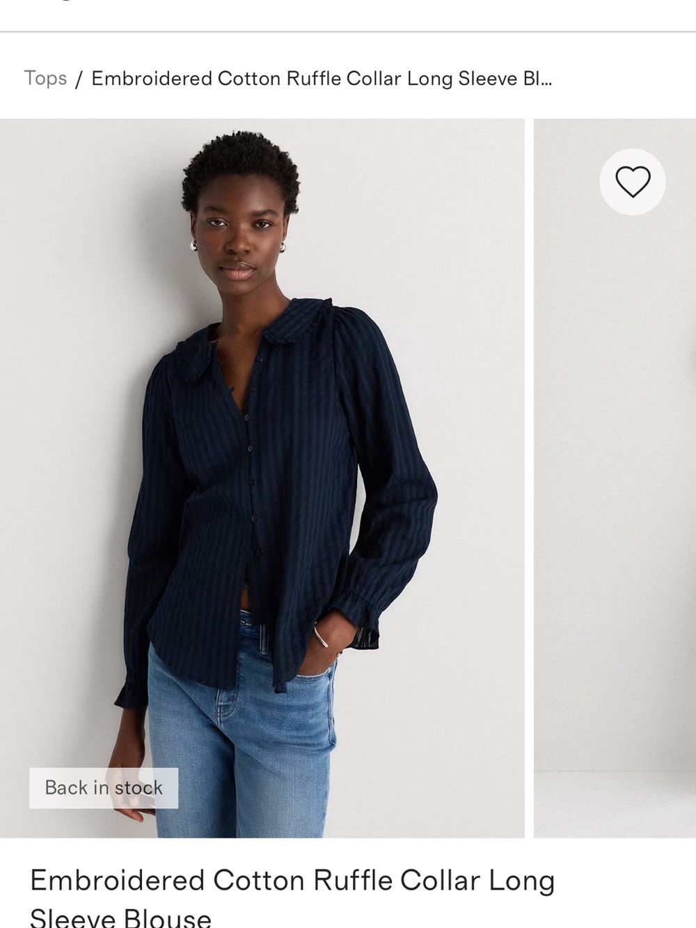 Quince Navy Embroidered Ruffle Collar Blouse